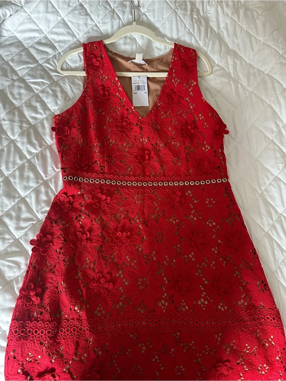 Michael Kors Red Floral Lace Midi Dress with Waist Trim